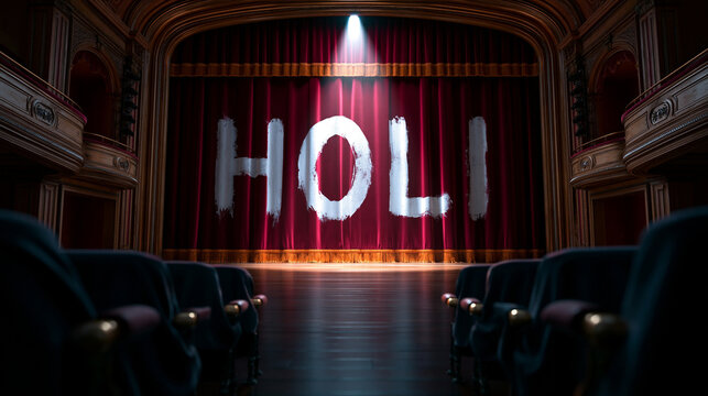 Roter Theatervorhang zeigt Leuchtschrift Holi im Scheinwerferlicht