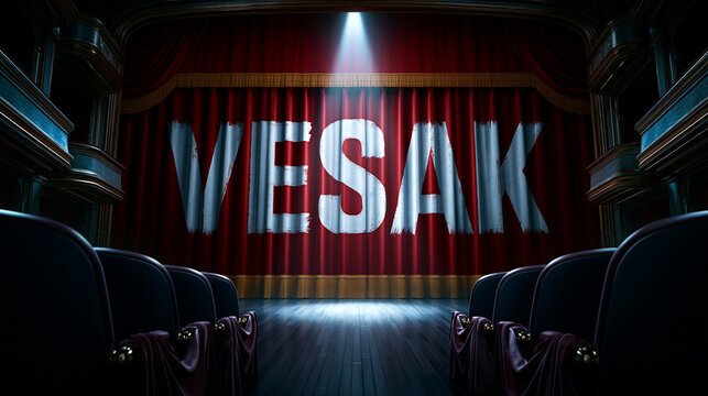 Roter Theatervorhang zeigt Leuchtschrift Vesak im Scheinwerferlicht