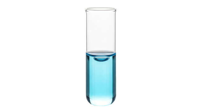 Glass test tube filled with blue liquid in science lab isolated on transparent background