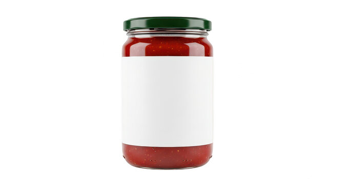 Glass jar of red tomato sauce with a blank label isolated on transparent background