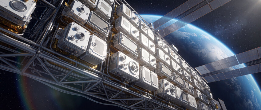 Space station truss orbiting Earth in low orbit, featuring modular science equipment, metallic panels, and solar arrays for aerospace engineering and astronomy concepts