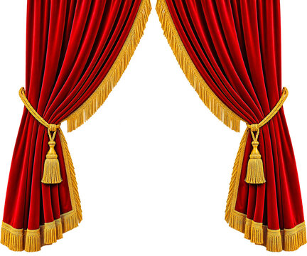 Red velvet curtains with golden tassels isolated on transparent background for stage performance.