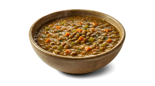 Bowl of hearty lentil soup with carrots and celery isolated on transparent background