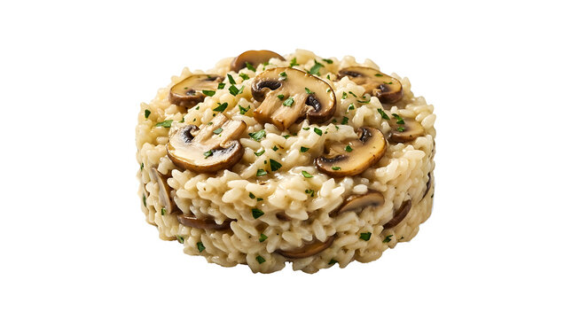 Creamy mushroom risotto with herbs isolated on transparent background