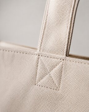 close up of beige canvas tote bag with reinforced handle and visible stitching