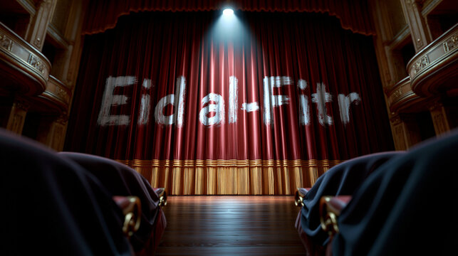 Theatervorhang mit Leuchtschrift Eid al-Adha im Scheinwerferlicht