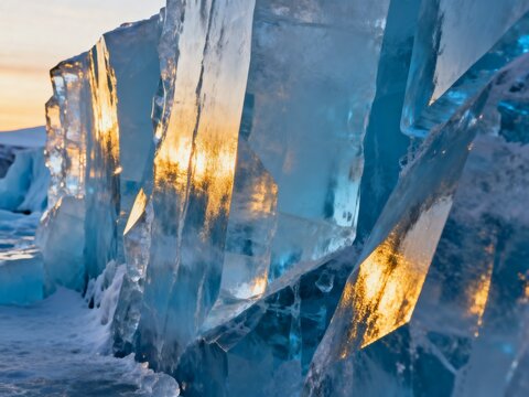 Massive chunks of blue ice reflecting golden sunlight on the frozen surface of lake Baikal Russia