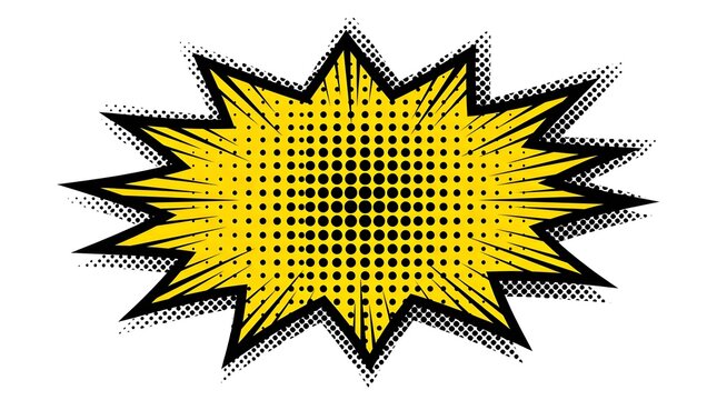 Yellow comic book speech bubble explosion sign with halftone dot pattern isolated on a plain white background for graphic design and advertising