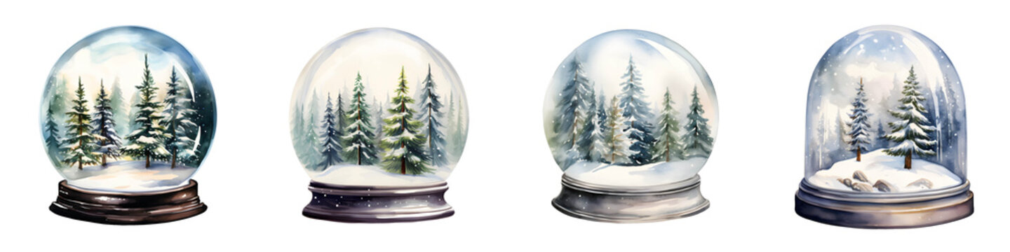 Watercolor painting of four snow globes depicting winter forest scenes on a black background