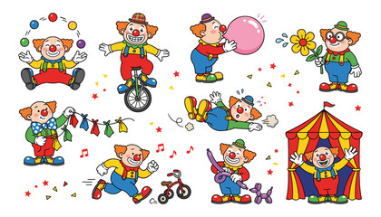 Fototapeta premium Cute Circus Clown Vector Character Collection Featuring Funny Clowns Juggling Riding Unicycle Blowing Bubblegum Making Balloon Animals and Performing in Tent