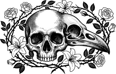 Fototapeta premium Human and bird skull illustration with roses and lilies wreath