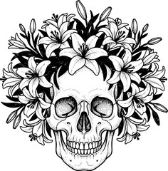 Fototapeta premium Human Skull with Lily Flower Crown Engraving Illustration