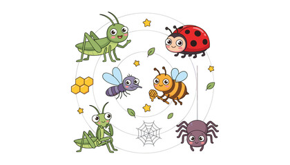 Cute Cartoon Insects and Bugs Vector Character Collection Featuring Grasshopper Ladybug Honeybee Mosquito Praying Mantis and Spider Web Graphic Illustrations