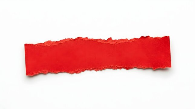 A single piece of bright red torn paper strip with rough ragged edges isolated on a plain white background for design and creative text message labels