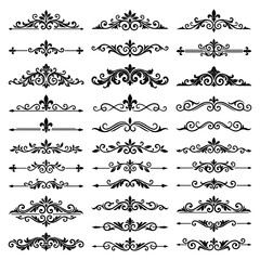 Collection of various black decorative page dividers and flourishes with floral scrollwork and fleur de lis motifs on a white background set © sagor