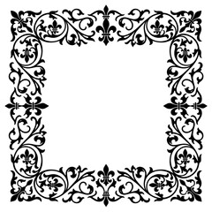 Square decorative frame with vintage floral scrolls and fleur de lis motifs, black border for invitations and cards © sagor