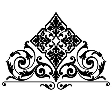 Ornate diamond shaped floral ornament with symmetrical scrolls, decorative vintage flourish for page headers, black