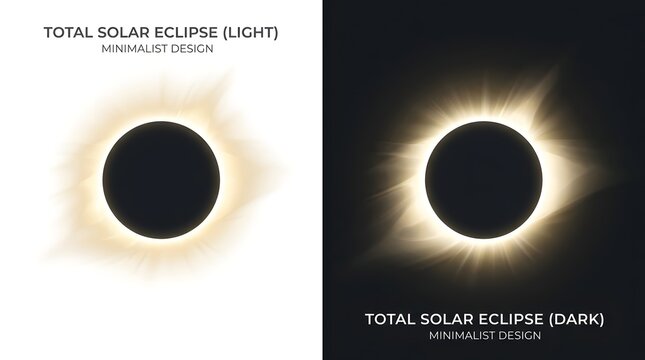 Minimalist total solar eclipse graphic design with light and dark versions featuring a glowing sun corona effect on solid background colors