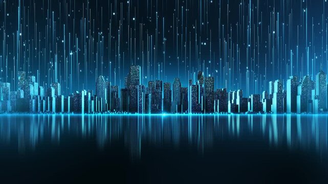 Blue digital skyline beneath cascading binary luminous information signals. for artificial intelligence, cloud services, encryption, data processing, enterprise technology secure connected systems.
