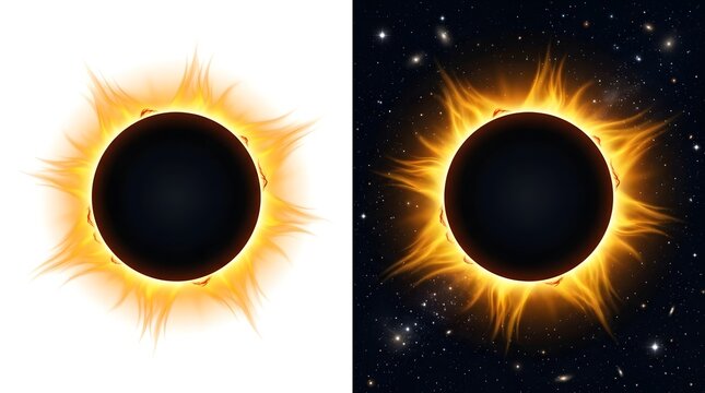 Total solar eclipse with bright glowing corona light rays in space isolated on a white background