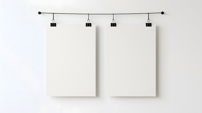 Two vertical blank white paper posters hanging from a black metal wire with binder clips against a clean wall for professional design mockup display