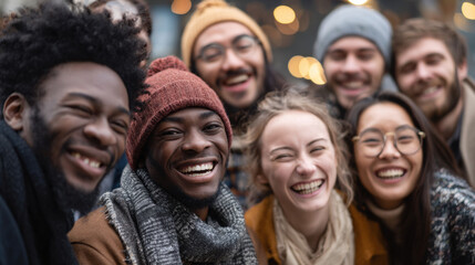 Fototapeta premium Diverse group of friends laughing together in a candid outdoor moment