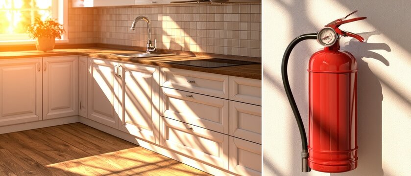 Modern kitchen interior with fire safety equipment in a bright space