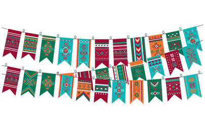 Fototapeta premium Ethnic Tribal Pattern Bunting Garland Vector Set with Geometric Aztec Aztec Pennant Flags for Folk Festivals, Fiesta Celebrations, and Bohemian Pattern Invitation Background Designs