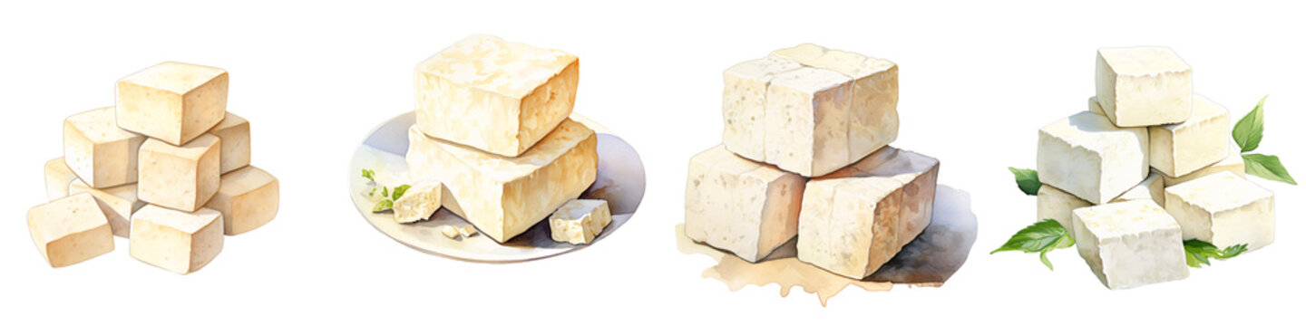 Stacks of tofu cubes in various arrangements with herbs against a black background