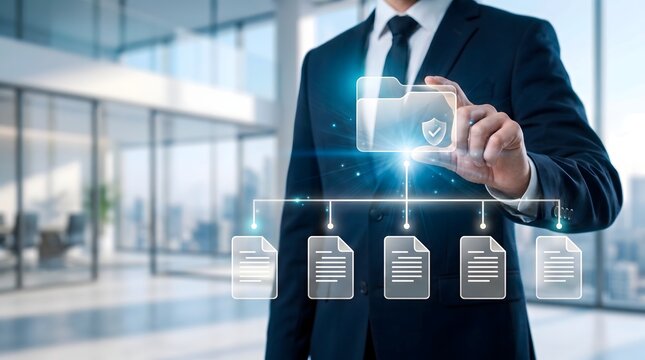 Secure enterprise archiving showing corporate professional managing digital file folders with privacy shield icon