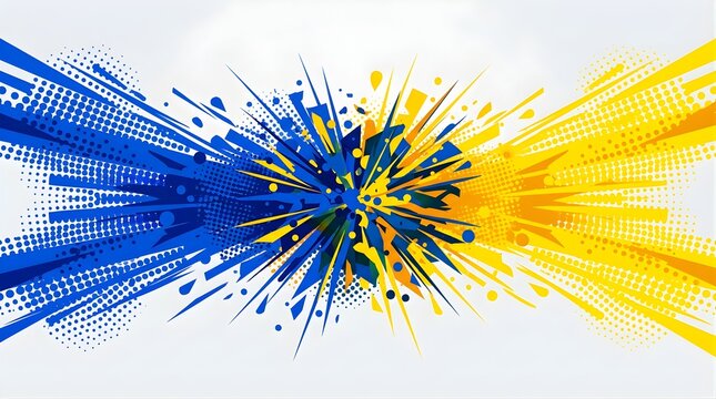 Abstract yellow and blue explosion background with halftone elements