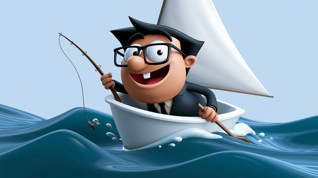 Cartoon-Gesch&auml;ftsmann segelt mit kleinem Papierboot &uuml;ber st&uuml;rmische See
