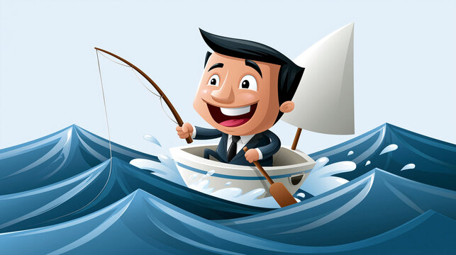 Cartoon-Gesch&auml;ftsmann segelt mit kleinem Papierboot &uuml;ber st&uuml;rmische See