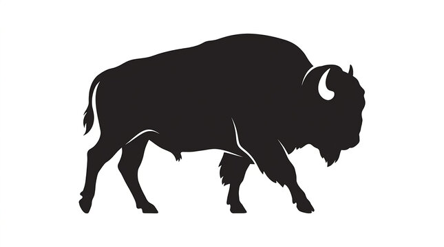 Minimalist black silhouette graphic illustration featuring a sturdy bison walking in a side profile view with rendered simple flat graphic vector style against white background