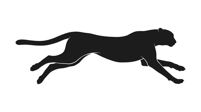 Minimalist black silhouette vector graphic featuring a powerful cheetah in a dynamic full sprint motion with plain white background cheetah captured fast