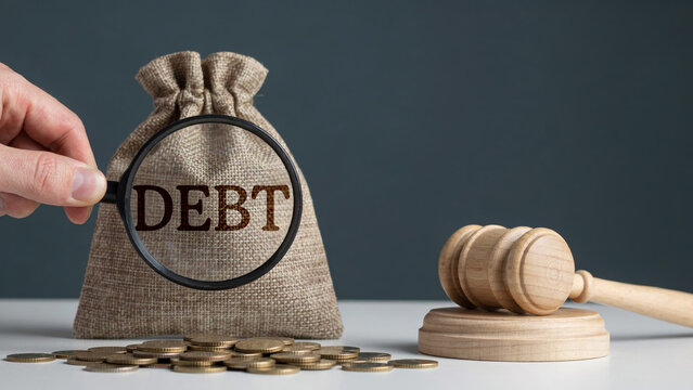 Debt Finance Concept with Money Bag Coins and Gavel Representing Financial Liability