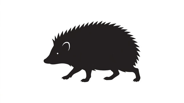 Black hedgehog silhouette walking side profile minimalist vector graphic design element on white background with profile view against displays minimalist