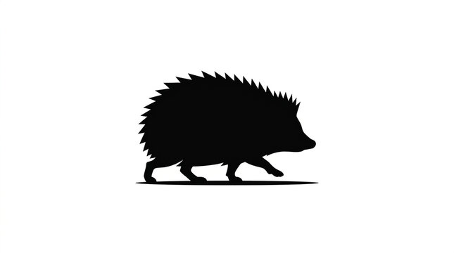 Minimalist black silhouette graphic design featuring small spiky hedgehog walking across plain white background surface with walking forward profile