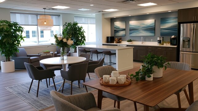 Modern office breakroom with comfortable seating kitchen island and abstract wall art during daytime
