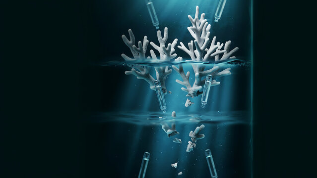 Corals growing inside a scientific underwater glass cylinder laboratory with marine biology equipment laboratory underwater