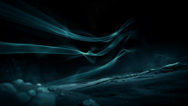 Abstract glowing energy trails flowing through dark deep ocean waters near the seafloor with underwater abstract rendering