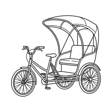 Traditional tricycle rickshaw with canopy line drawing