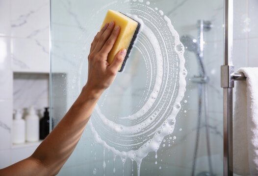 Person cleaning circular glass shower door with sponge and water droplets in modern