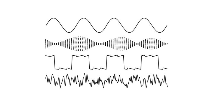 Sound Wave Vector Collection With Sine Wave Audio Frequency Spectrum And Irregular Signal Patterns For Music Recording Technology Communication 
