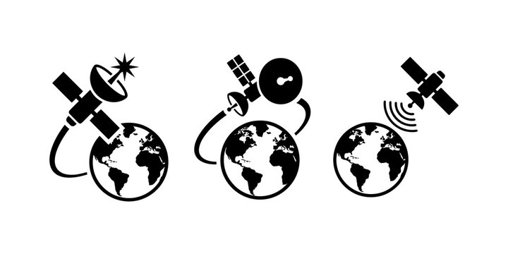 Black satellite icons representing space technology and communication.