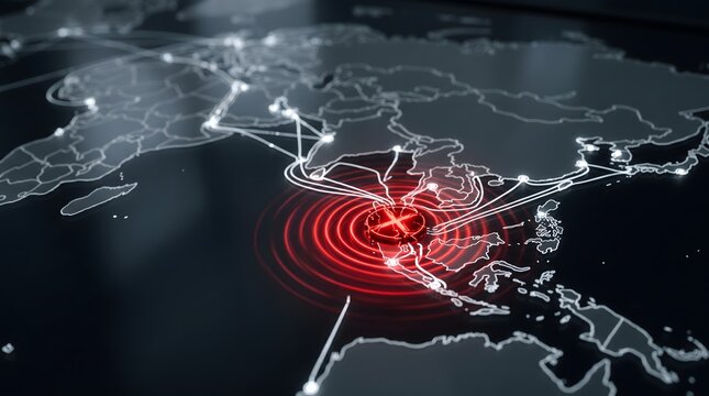 Glowing red digital pulse emitting from southeast Asia on a dark interactive world map with intricate white connection node lines