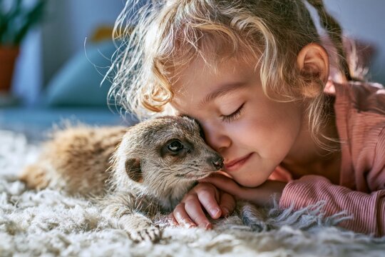 Child playing with a tame meerkat in a modern family home, joyful atmosphere, realistic emotions, warm sunlight