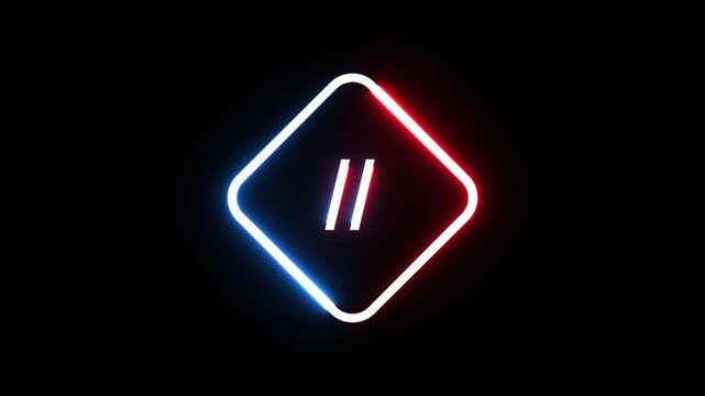 Neon pause icon glowing in red and blue colors inside diamond frame on black background mp4.