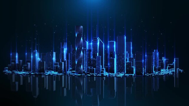 Minimal futuristic skyline glowing blue towers, vertical signals mirrored city forms. AI infrastructure, edge 19, enterprise networks, secure computing, smart mobility digital planning.