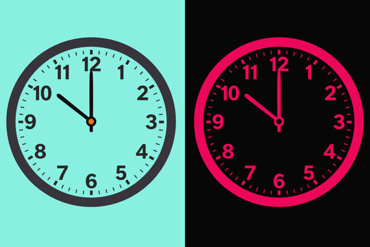 Two analog wall clocks showing ten o'clock on light blue and black backgrounds